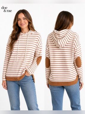 Doe & Rae Women’s Large Striped Cotton Terry Cloth Hoodie‎ Pullover